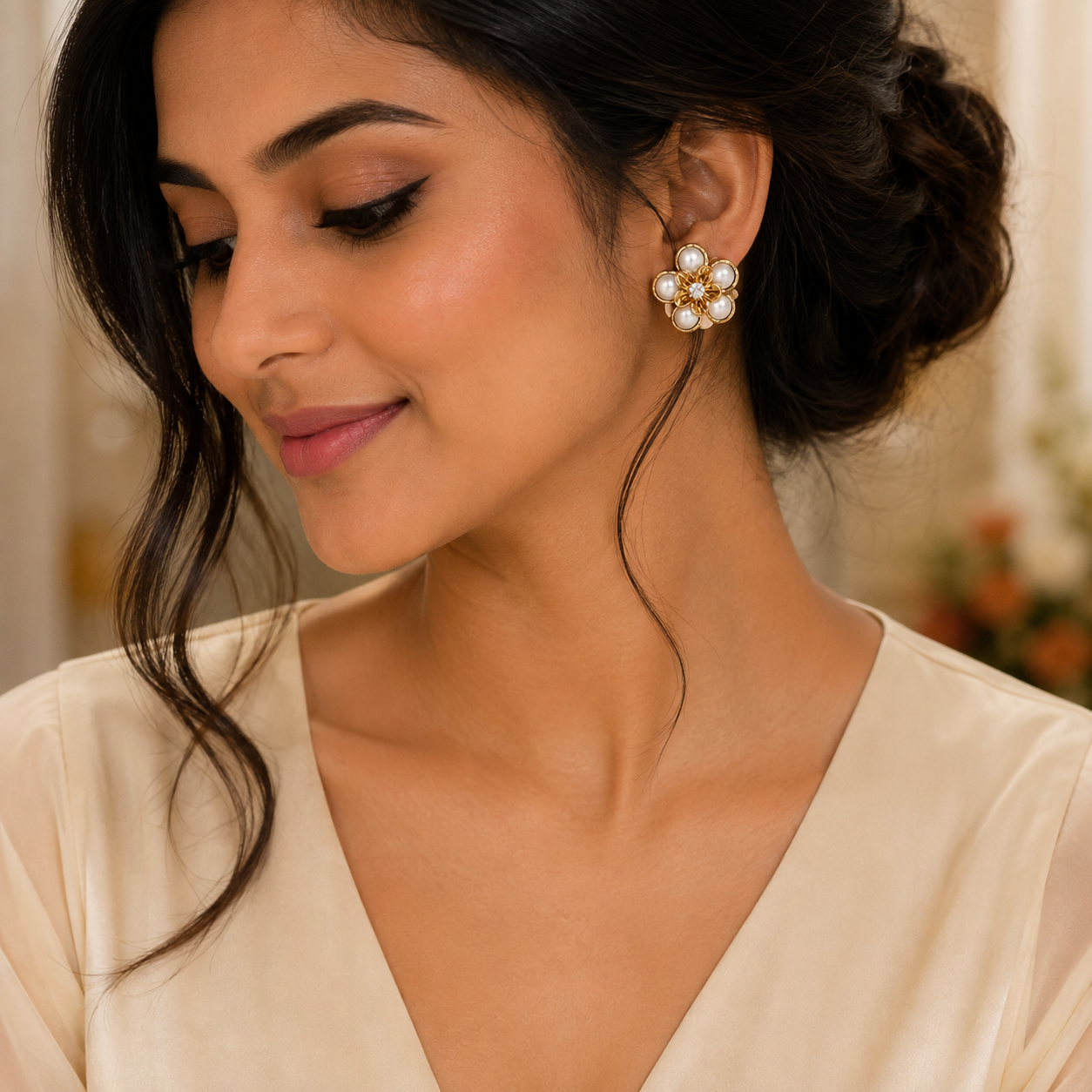 Elegant Pearl Flower Stud Earrings